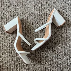 Lulus - Addien Vegan Leather 3.25" Block High Heel Sandals - White - Shoes - 8.5